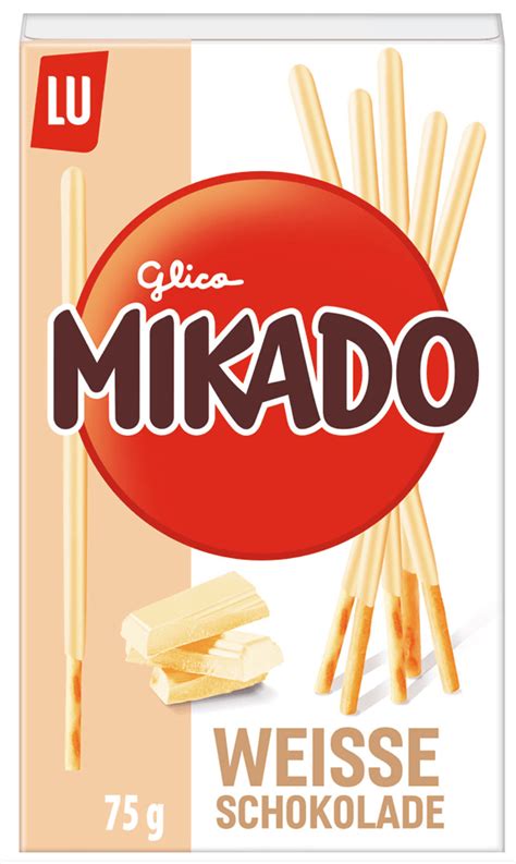 Mikado weiße Schokolade Packungsdesign und Portionsgrößen