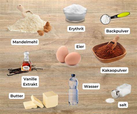 Mikrofotografie von Low Carb Zutaten: Mandelmehl, Kokosmehl, Erythrit und Vanilleextrakt