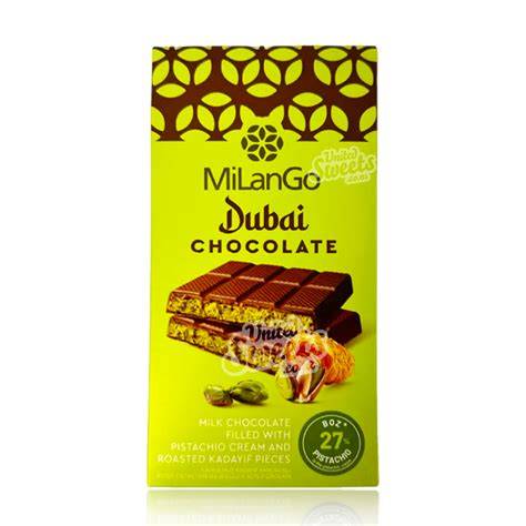 Milango Dubai Schokolade Verpackung und aufgebrochene Tafel mit grüner Pistazienfüllung