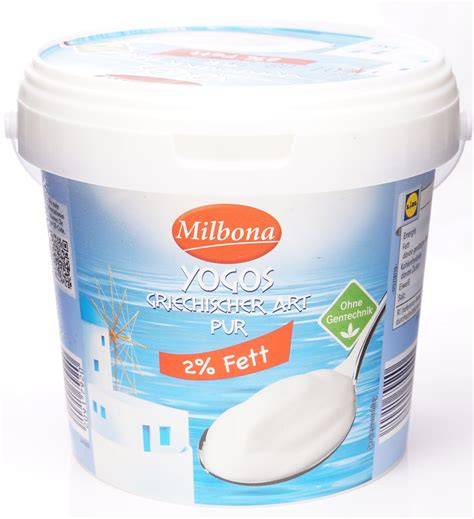 Milbona griechischer Joghurt, Zutaten und typische Honigdarstellung auf Verpackung