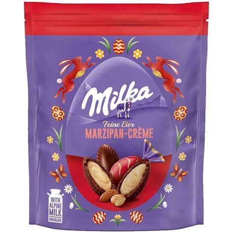 Milka Ostereier Marzipan Packung und einzelne Eier