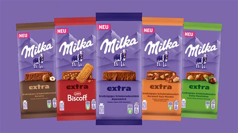 Milka Produktauswahl: Tafeln, Riegel und Pralinen auf lila Hintergrund
