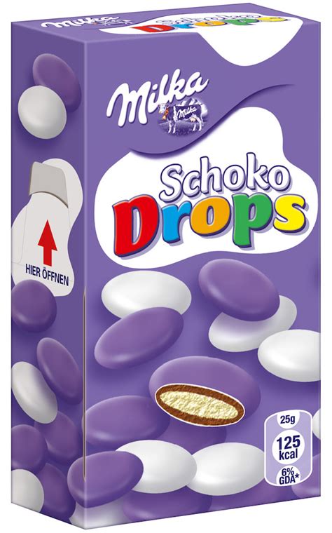 Milka Schoko Drops Verpackung und Schokolinsen