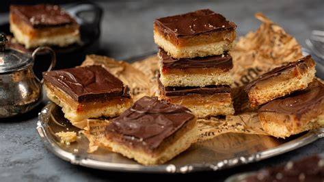 Millionaire’s Shortbread: Schichtenaufbau (Keks, Karamell, Schokolade) als Infografik