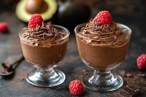 Mini-Gläschen mit Avocado Schoko Mousse und Himbeeren