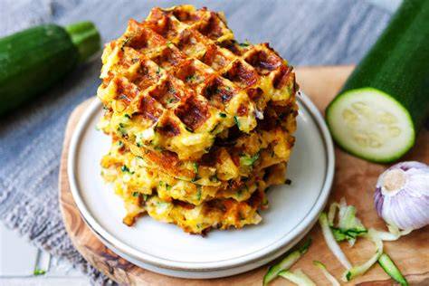 Mini-Zucchiniwaffeln mit Cheddar und Zwiebeln, serviert mit Tzatziki