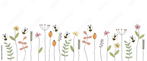 Minimalistische Grafik mit Bienen und Blumen, gelb-schwarz-weiß