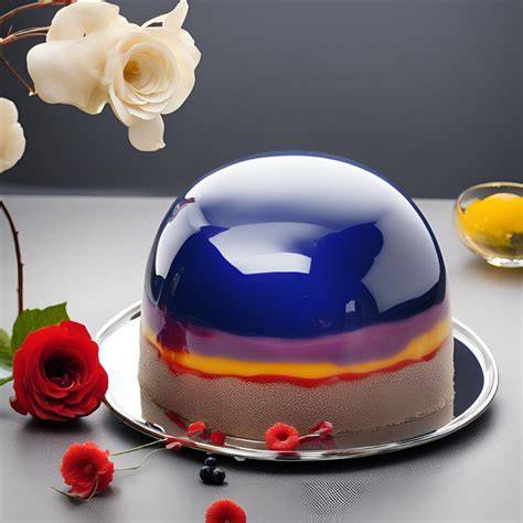 Mirror Glaze über gefrorenem Entremet mit Mango-Dekor