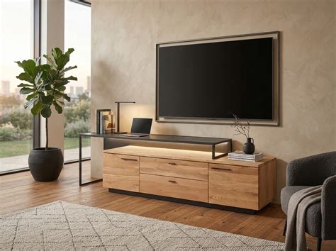 Moderne Möbel in Eiche Trüffel mit Lederbezügen und klaren Formen
