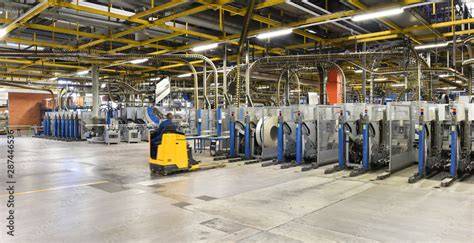Moderne Produktionsstraße in einer Nordzucker-Fabrik mit Maschinen und MitarbeiterInnen