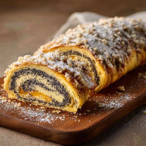 Mohnstriezel auf Backblech mit Streuseln