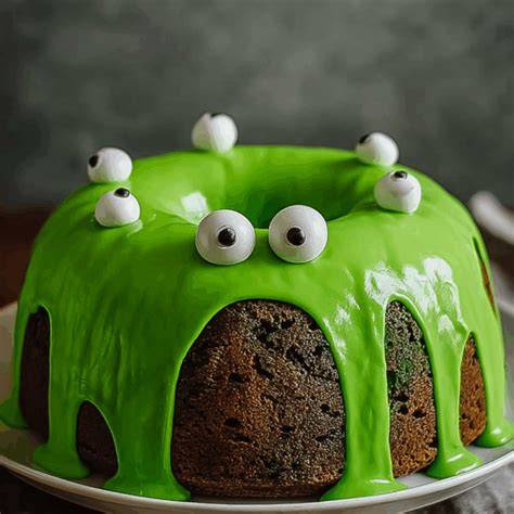 Monsterkuchen: grüne Ganache, bunte Schichten, Zuckeraugen