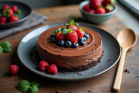 Mousse au Chocolat Torte, angerichtet auf einer Etagere, mit frischen Beeren dekoriert