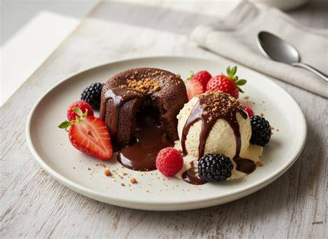 Muffin warm serviert mit Eis und Beeren