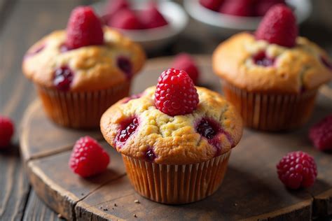 Muffins frisch aus dem Ofen mit Himbeeren garniert