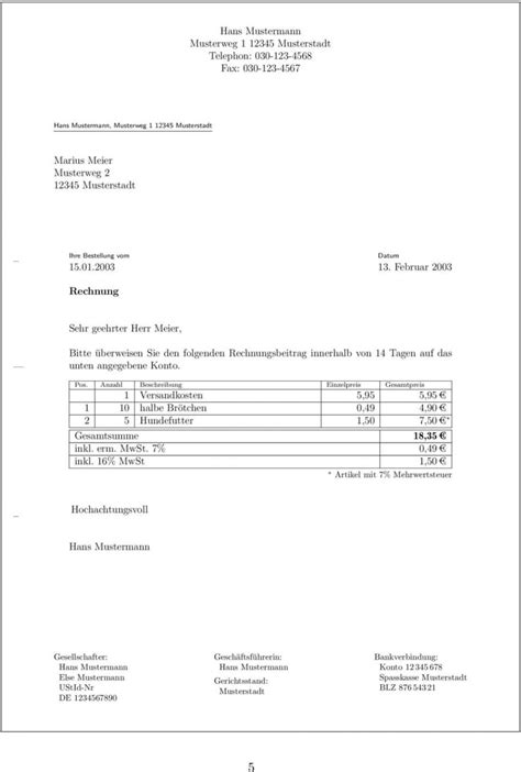 Musterrechnung Honig: Aufbau und Pflichtfelder