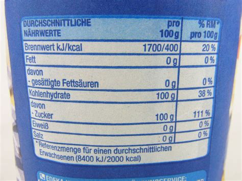 Nährwertangaben exemplarisch (Kalorien, Zucker)