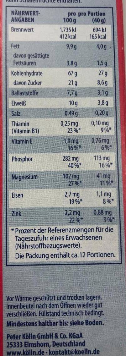 Nährwerttabelle Kölln Knusper Waffel und Zuckergehalt