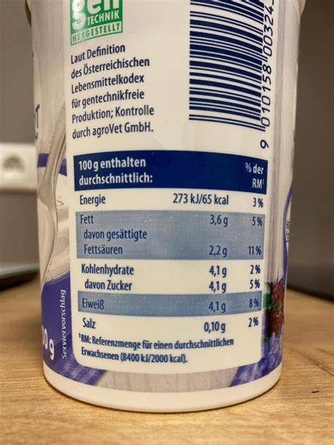 Nährwerttabelle Naturjoghurt mit hervorgehobenem Zuckergehalt