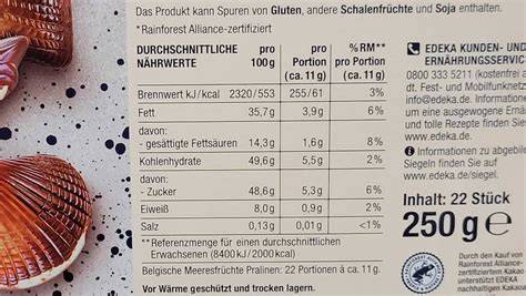 Nährwerttabelle und Zutatenübersicht Pralinen