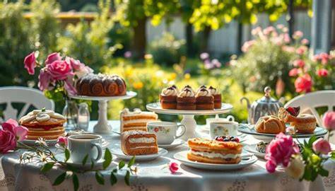 Nachmittagskaffee mit Hochzeitstorte im Garten