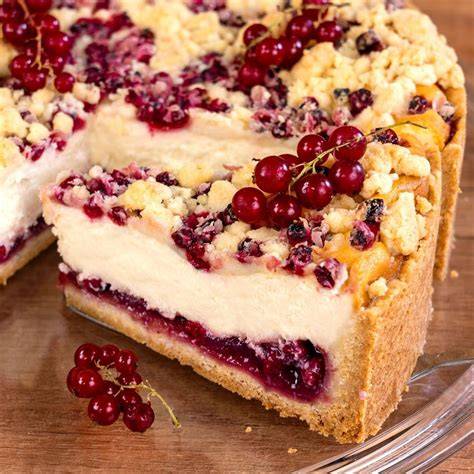 Nahaufnahme: Johannisbeeren, Minze und Johannisbeergelee auf Käsekuchen
