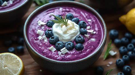 Nahaufnahme: violettes Heidelbeer-Sorbet mit frischen Beeren
