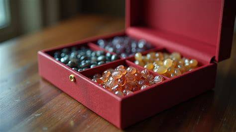 Nahaufnahme einer eleganten Pralinenbox mit verschiedenen Sorten