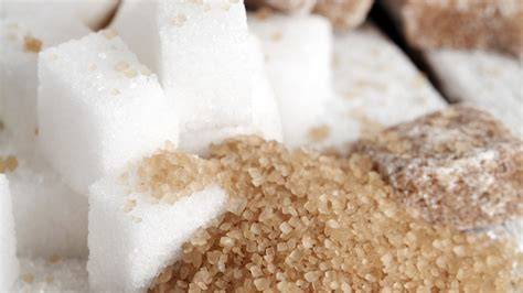 Nahaufnahme von braunem Zucker in kristalliner Form, daneben eine Zuckerrübe und Zuckerrohr