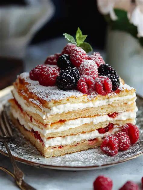 Napoleon-Torte mit Schichten und Krümel-Topping