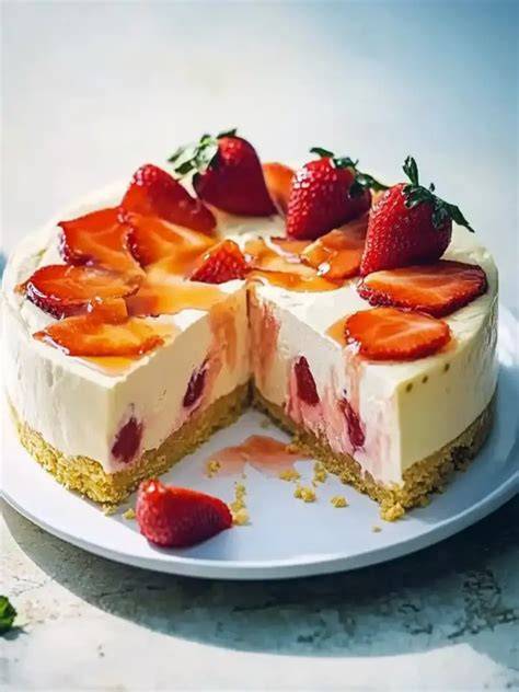 No Bake Erdbeer Käsekuchen auf Tortenplatte