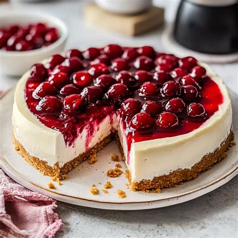No-Bake Schmand-Torte mit Keksboden und Kirschbelag