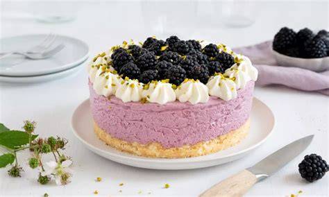 No-bake-Quark-Buttermilch-Torte mit Brombeeren auf Zwieback-Aprikosen-Boden
