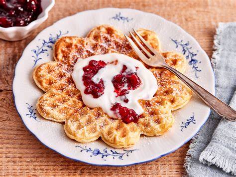 Norwegische Waffeln mit Rømme und Marmelade als typisch nordischer Genuss