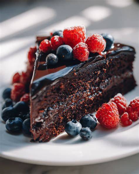 Nougat-Waldfruchttorte mit Ganache und frischen Beeren dekoriert