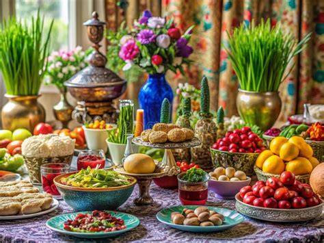 Nowruz-Tisch mit Haft Sin und persischen Keksen