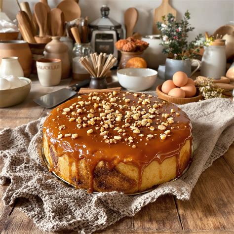 Nusskuchen mit Karamell, serviert auf einer Platte