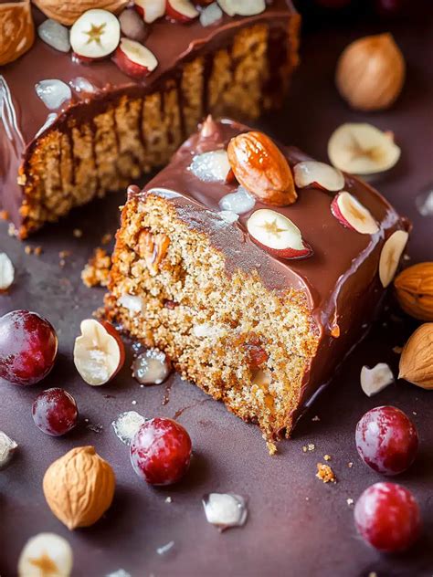 Nusskuchen mit Schokoladenglasur und Haselnusskrokant