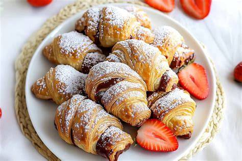 Nutella Croissants angerichtet auf einem Frühstückstablett, romantische Stimmung