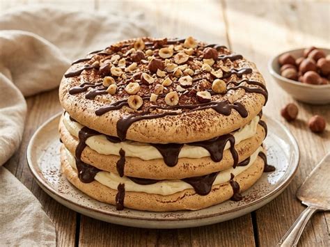 Nutella Mascarpone Torte dekoriert mit Haselnüssen und Sahnetupfen