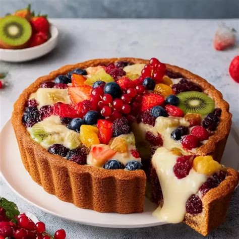 Obstkuchen mit Pudding und buntem Früchte-Mandala