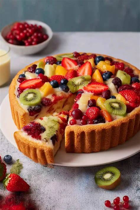 Obstkuchen mit Pudding und frischen Früchten - Anschnitt und Gesamtansicht