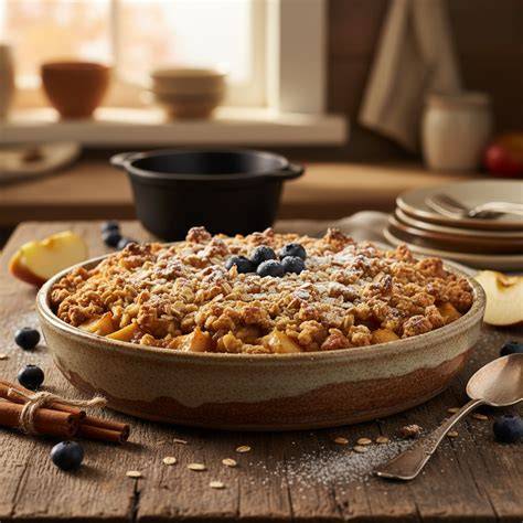 Ofenfrischer Apfel-Crumble mit Haferflockenstreuseln in Ofenform, Serviervorschlag