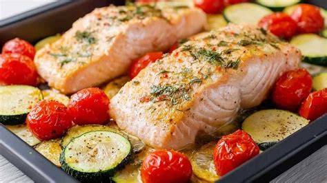 Ofenlachs mit Zucchini, Tomaten und Honig-Senf-Glasur auf Blech, Schritt-für-Schritt