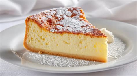 Omas Käsekuchen auf Teller mit Puderzucker bestäubt