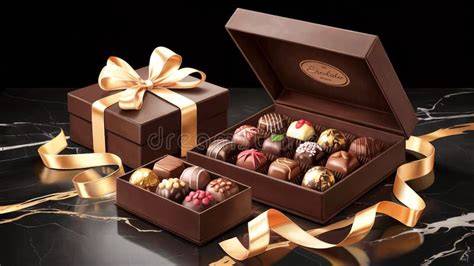Opened gift box of assorted pralines with ribbon