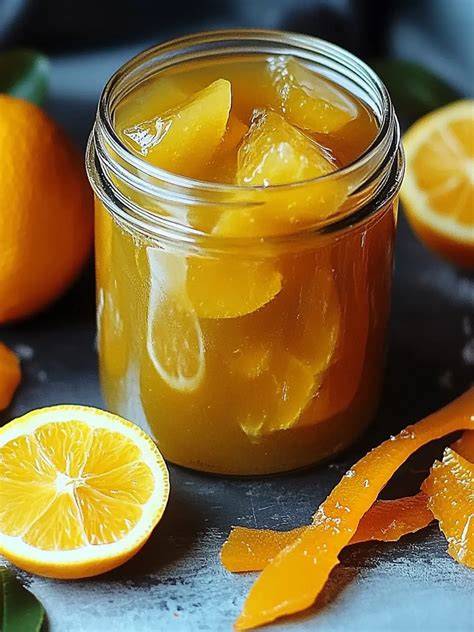 Orangenmarmelade im Einmachglas mit sterilisierten Deckeln