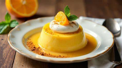 Orangenpudding in einer Glasform mit Orangenscheiben dekoriert