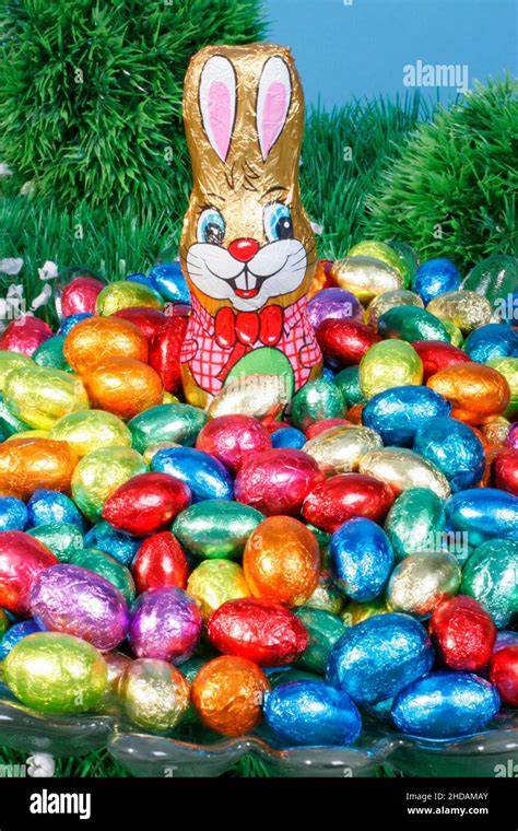 Osterhasen und Ostereier aus Schokolade im Osternest