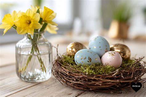 Osternest mit bunten, zuckerfreien Ostereiern und Frühlingsdeko